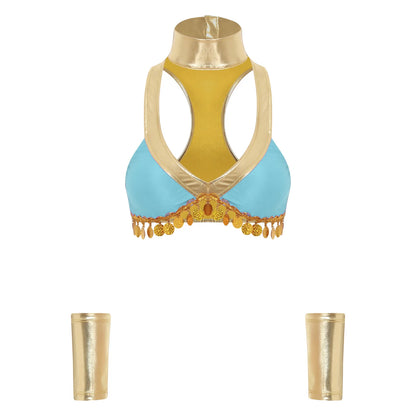 Women's Ancient Egyptian Queen Halloween Costume Crop Top Collar and Wristlets Metallic - Light Blue / 3XL