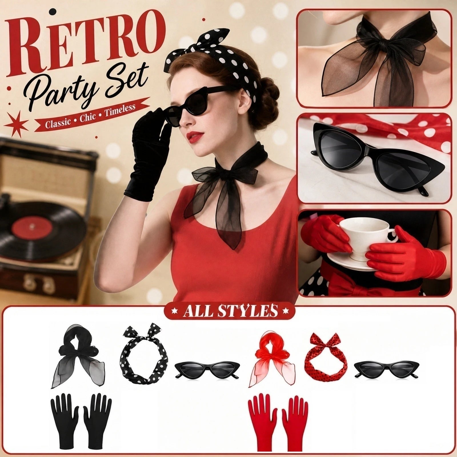 50s 60s Women's Costume Retro Party Outfit Set with Headband Scarf Glasses Gloves Accessories - product image 1
