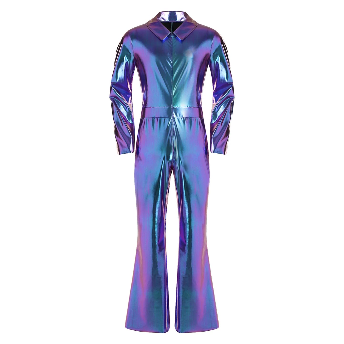 Men 70s Disco Jazz Dance Performance Costume Flare Sleeve Zipper Metallic Shiny Jumpsuit - Silver / 4XL
