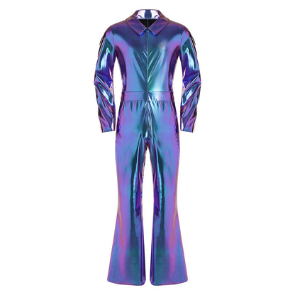 Men 70s Disco Jazz Dance Performance Costume Flare Sleeve Zipper Metallic Shiny Jumpsuit - Silver / 4XL