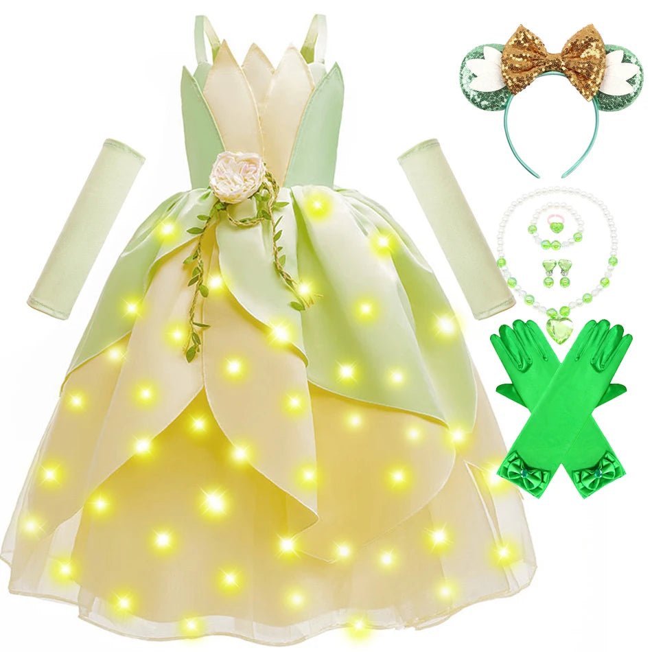 Girls Tiana-Inspired Princess Dress – Floral & Light-Up Costume Options