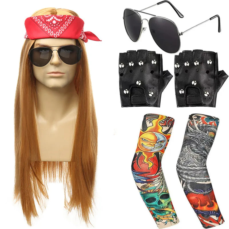 Hot 70s 80s Rocker Costume Heavy Metal Wig Men Women Hippie Wig With Bandana Sunglasses Punk Gloves Tattoo - product image 4