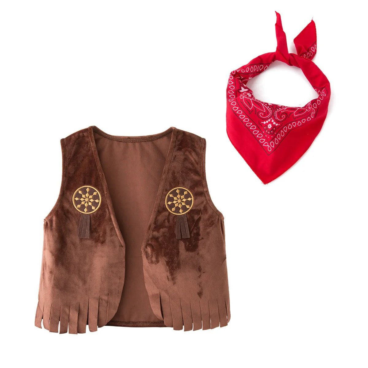 Kids Cowboy Brown Fleece Cowboy Vest with Bandanna & Hat Set Children Western Role