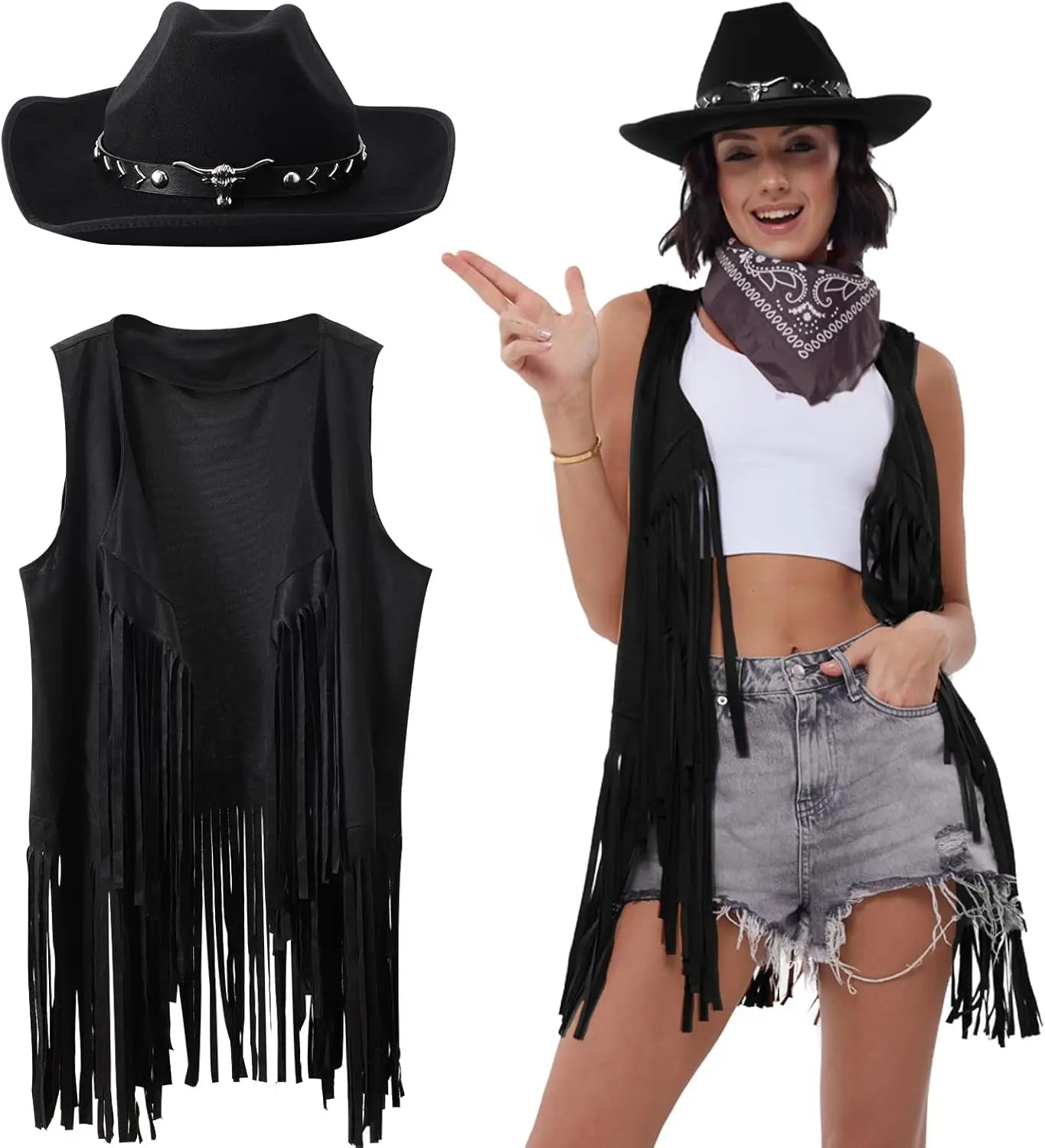 3 Pcs Women Cowboy Cowgirl Costume Faux Suede Tassel Vest Waistcoat with Rivets