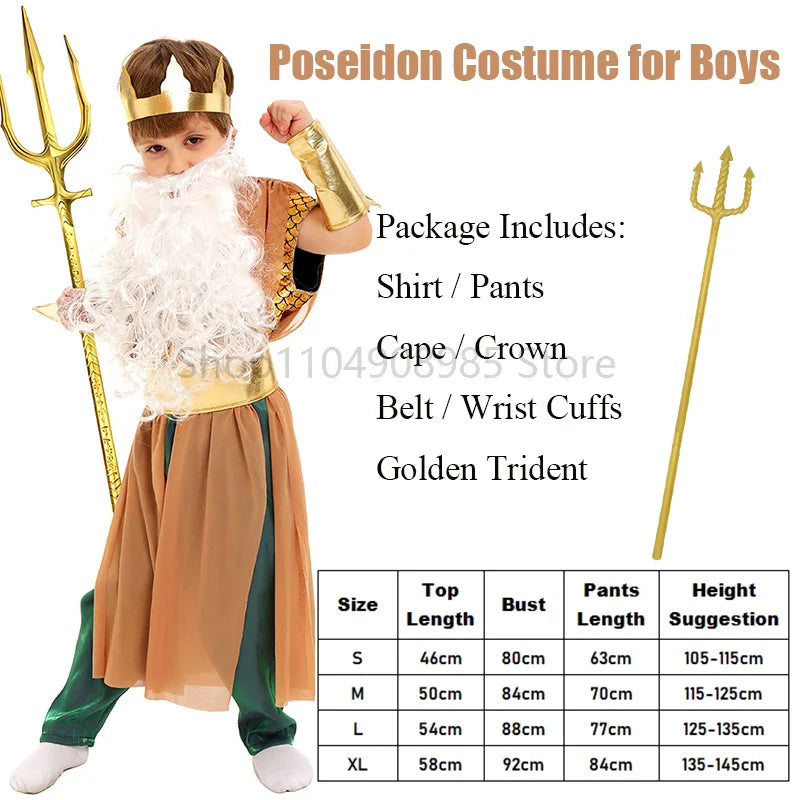 Boy Greek Golden King Neptune Up God of the Sea Halloween Costume for Kids Economic - Clothing / XL