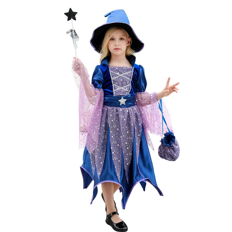 Halloween Blue Witch Costume for Girls with Witch Hat Wand Bag Accessory Set 2-12T Girl Party Dress Vestidos - product image 4