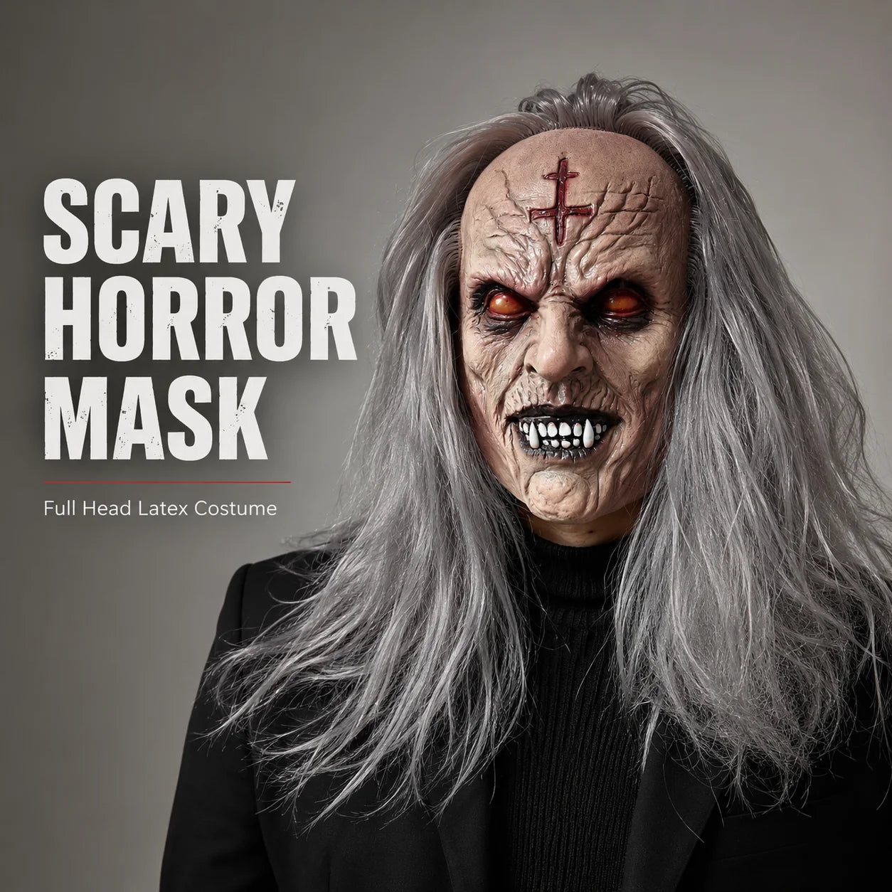 Creepy Zombie Demon Mask Full Head Latex Long Gray Hair Halloween Horror Cosplay Party Costume Prop - product image 1