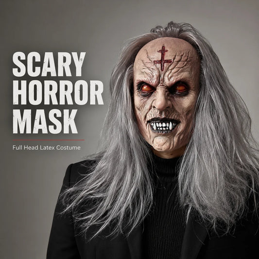 Creepy Zombie Demon Mask Full Head Latex Long Gray Hair Halloween Horror Cosplay Party Costume Prop - product image 1