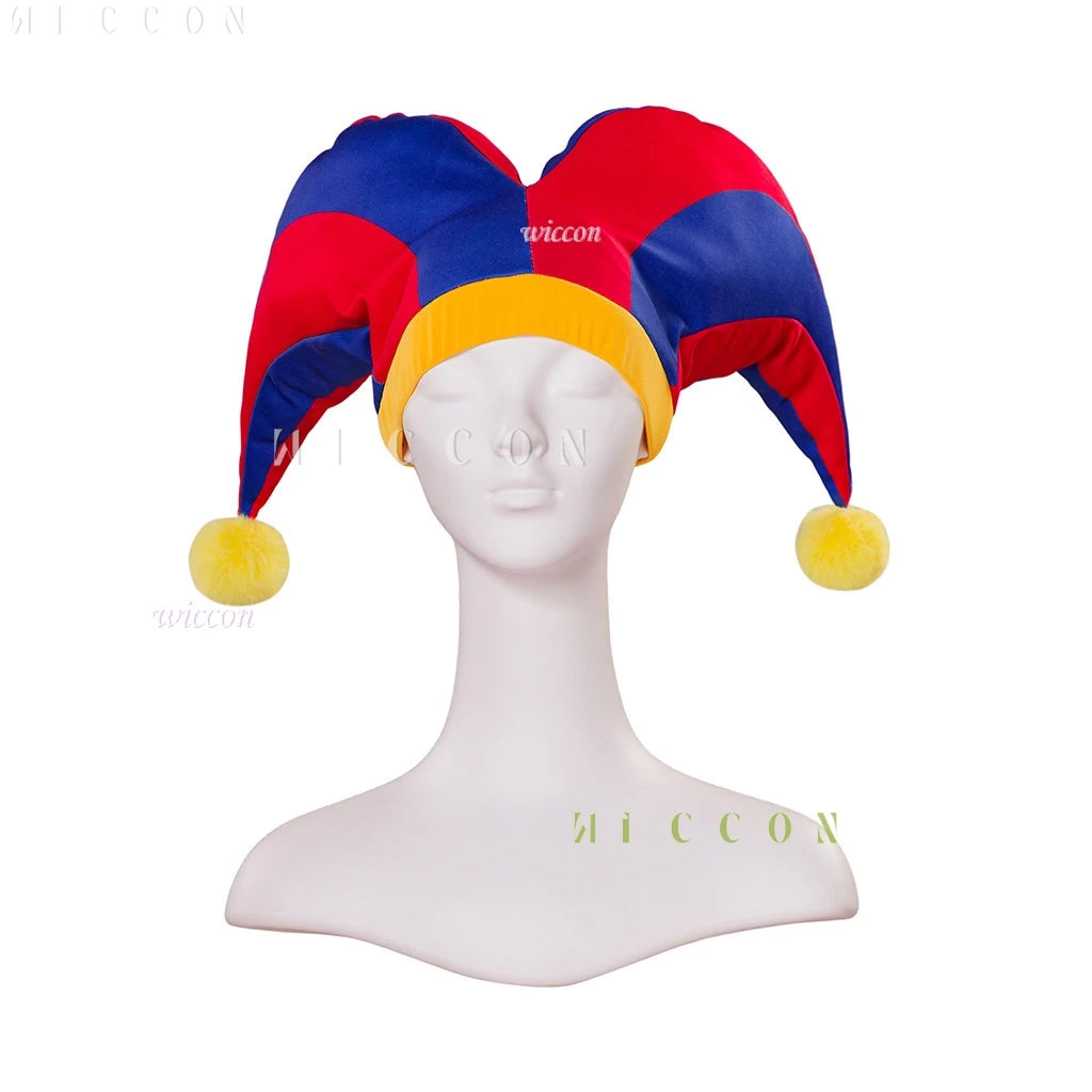 Circus Clown Costume Wig Halloween Cute Pommni Hat Cartoon Onesie Red and Blue Stripe - Costume / XS