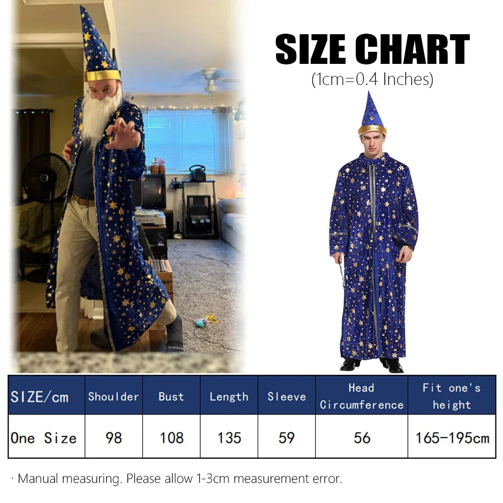 Adults Halloween Costumes Wizard Glittering Stars Robe Pointy Hat Costume Suit Fancy - View 5