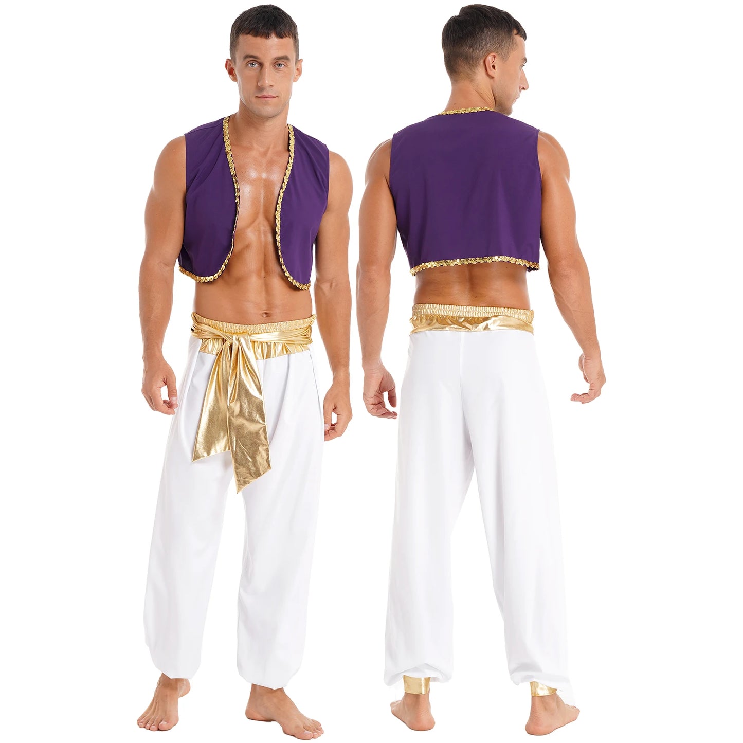 Men's Arabian Prince Mythical Aladdin Sequin Trim Waistcoat Belted Pants Costume - alternate view 12