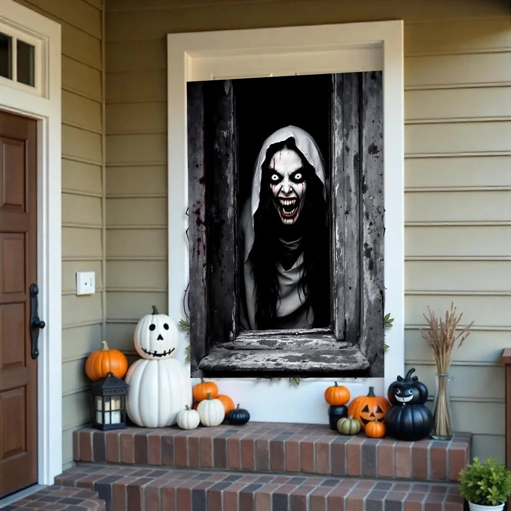 One Halloween curtain - featuring a terrifying design of a ghostly female - product image 6