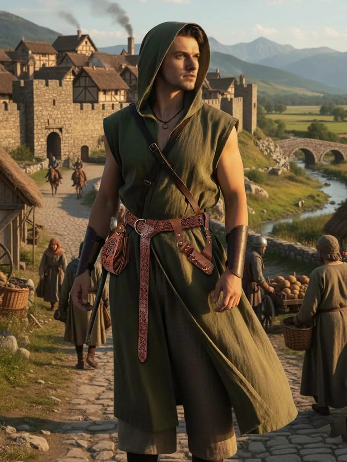 Renaissance Medieval Costume Set for Men - 4PC Viking Hooded Sleeveless Surcoat Halloween - army green / M