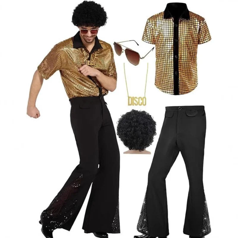 70s 80s Disco Costume For Men Retro Shirt and Bell Bottom Pants Set With Wig Sunglasses Necklace Halloween - product image 5