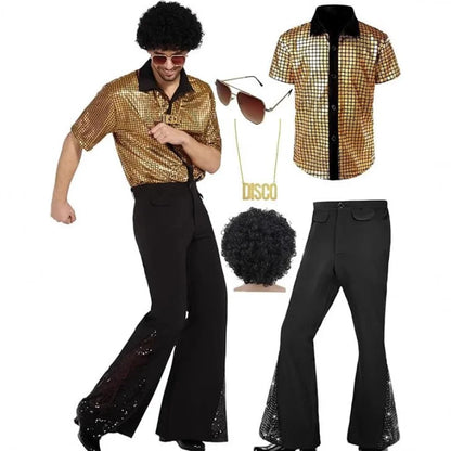 70s 80s Disco Costume For Men Retro Shirt and Bell Bottom Pants Set With Wig Sunglasses Necklace Halloween - product image 5