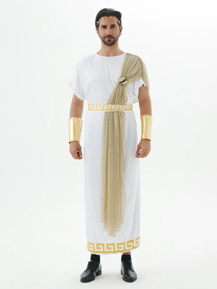 Halloween Costume Ancient Greek Gods Zeus Costumes Adult King of Rome Stage Show Dress - WHITE / L