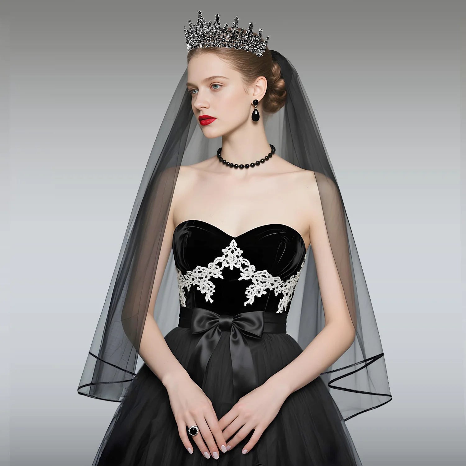 Women's Girl Halloween Ghost Bride Black Wedding Crown Set Gothic Style Party Holiday DIY Decorations - product image 3