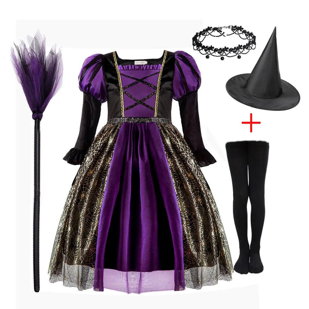 Purple Black Witch Golden Spider Web Kids' Dress Halloween Costume - product image 9