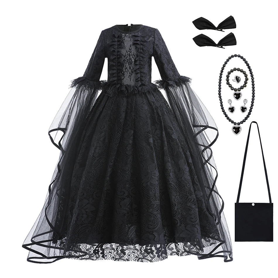 Halloween Dress For Girls Evil Witch Cosplay Costumes Children Lace Ruffles Floor Length Outfits Kids - product image 9