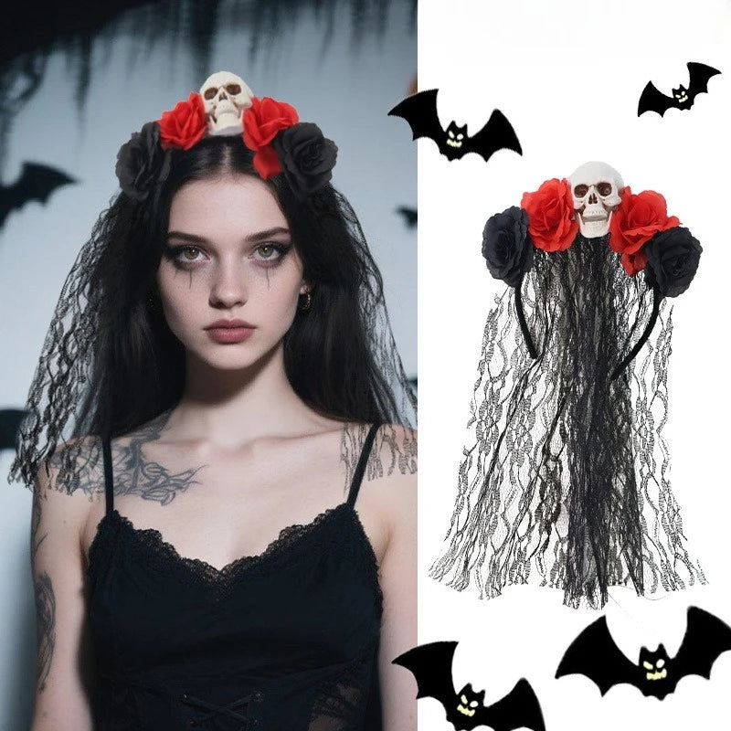 Gothic Black Lace Halloween Headband with Realistic Roses Skull Hair - product image 1