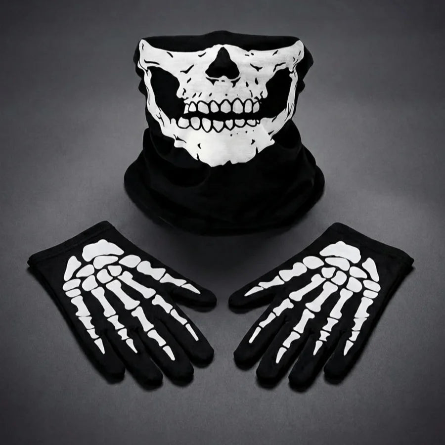 Movable Jaw Skull Mask & Skeleton Gloves – 3-Piece Horror Costume Set