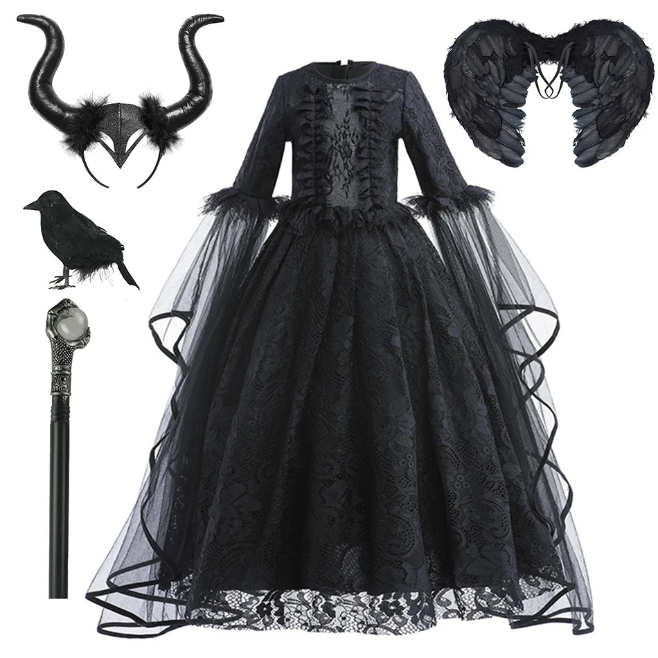 Halloween Dress For Girls Evil Witch Cosplay Costumes Children Lace Ruffles Floor Length Outfits Kids - product image 12