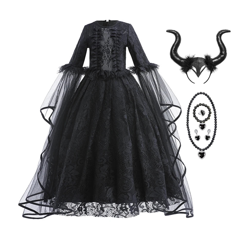 Halloween Dress For Girls Evil Witch Cosplay Costumes Children Lace Ruffles Floor Length Outfits Kids - product image 18