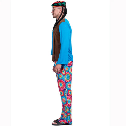 Halloween Hippie Costume Men 60s 70s Hippie Set Pants Shirt Fringe Vest Glass Frame - wig / L