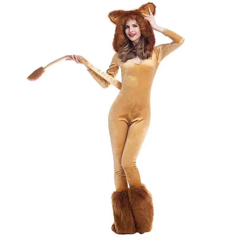 Women's For Lion King Animal Cartoon Lion Plush Hooded Jumpsuit With Costume - alternate view 5
