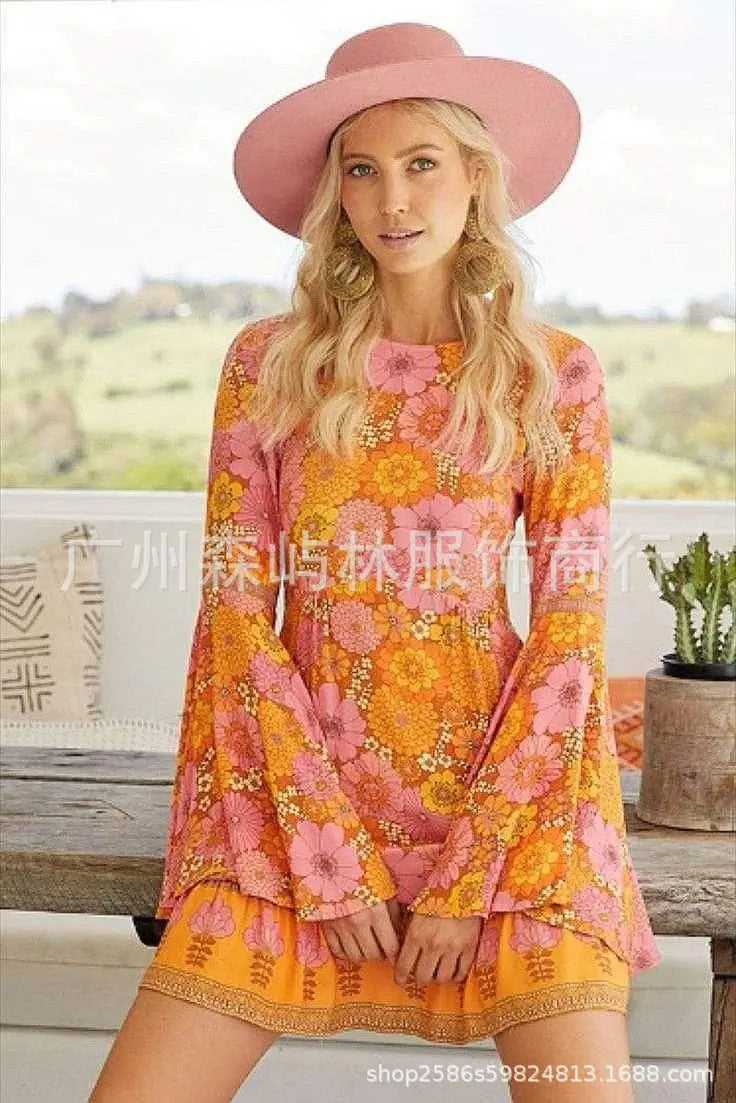Women's Halloween O Neck Dress Hippie Role-playing Costume Flower Retro Groovy Floral - Discount Halloween City
