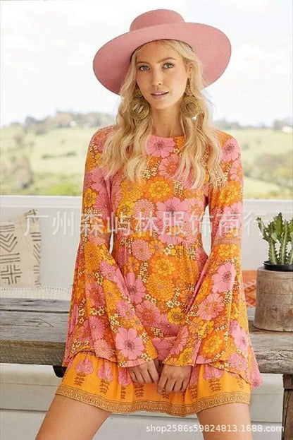 Women's Halloween O Neck Dress Hippie Role-playing Costume Flower Retro Groovy Floral - Discount Halloween City