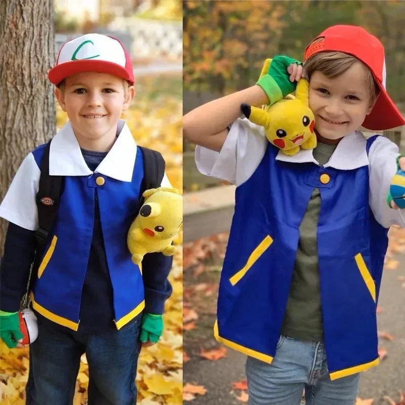 Men Anime Trainer Costume Boys Ash Ketchum Adult for Girls Halloween Women Blue Jacket Cap - S / Full Set 5pcs