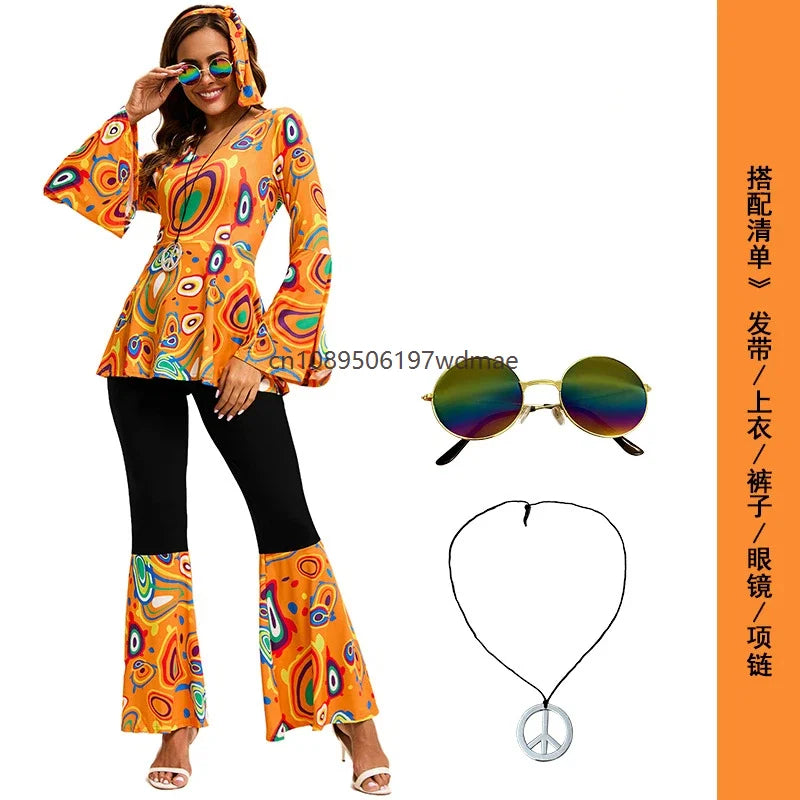 Women's Disco Multi-color Print Costume Hippie Cosplay Performance Clothes with Headband Set Female Dance - product image 9
