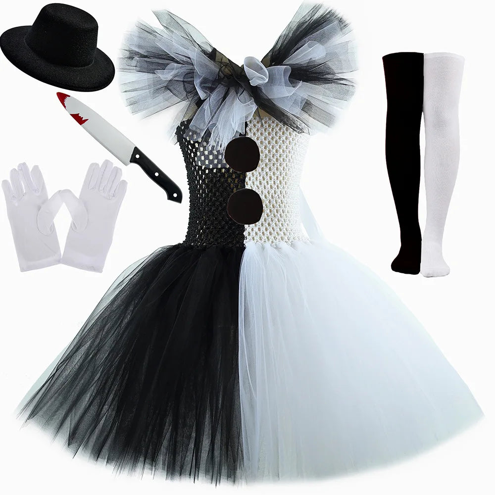 Girls Halloween Clown Costume Dress Kids Black White Scary Clown Dress with Hat Socks - Clown Dress / 8-9Y