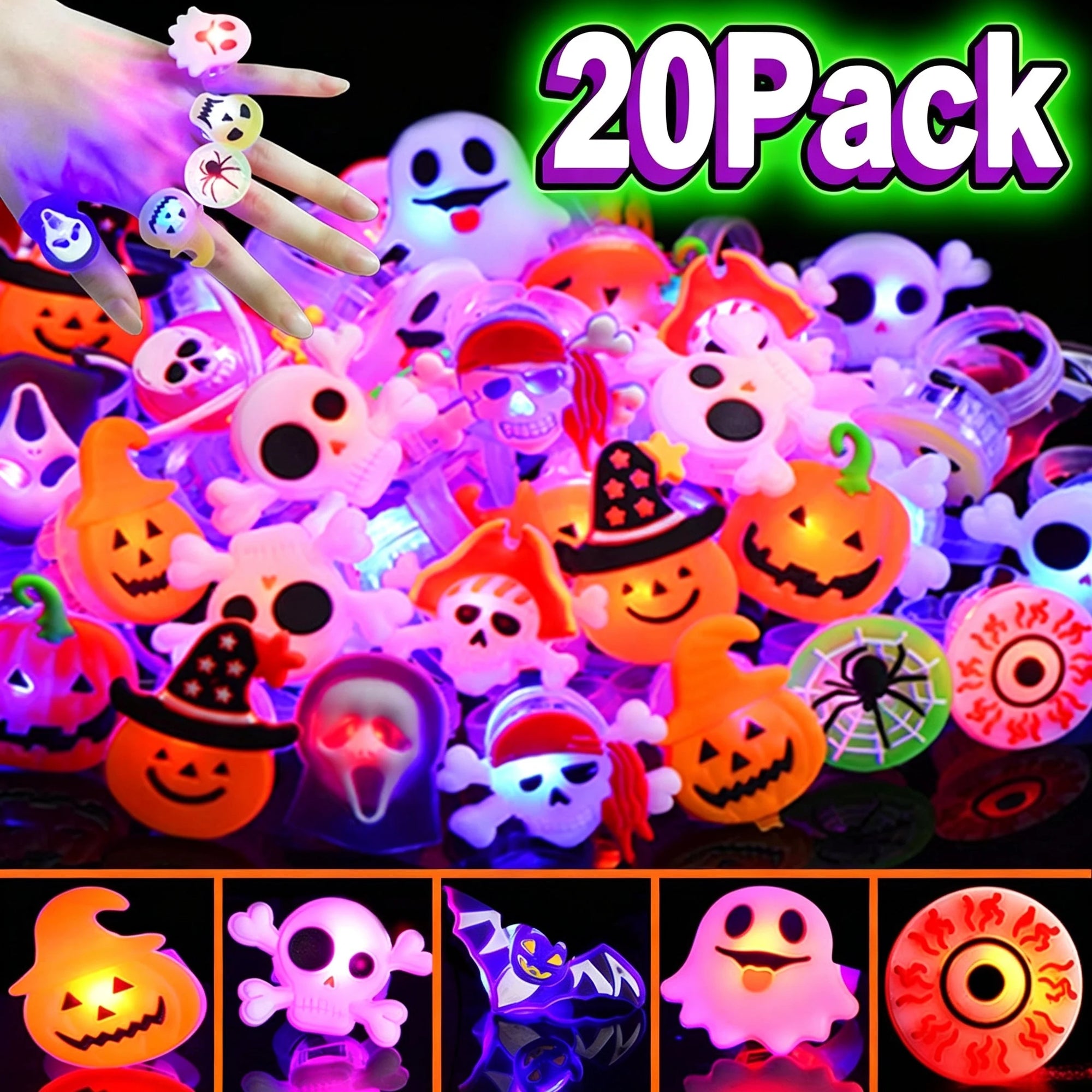 Halloween Light Up LED Rings, Non Candy Trick or Treats 3D Flashing Rings Toys Glow In the Dark Halloween Party Favor Ring Toy Gifts For Kids Adults Goodie Bag Stuffers
