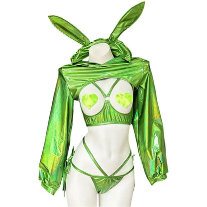 Sexy Lingerie Anime Bunny Girl Cosplay Pink Laser Patent Leather Top Bikini Rabbit Girl Shiny Halloween Underwear
