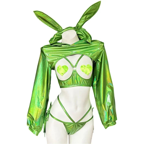 Sexy Lingerie Anime Bunny Girl Cosplay Pink Laser Patent Leather Top Bikini Rabbit Girl Shiny Halloween Underwear