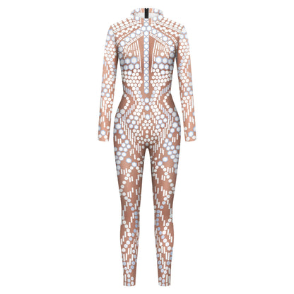 Halloween Cosplay Costume Shiny Sexy Lace Sequins Pattern 3D Printed Slim Bodysuit Theme Party Role Playing Jumpsuit for Women