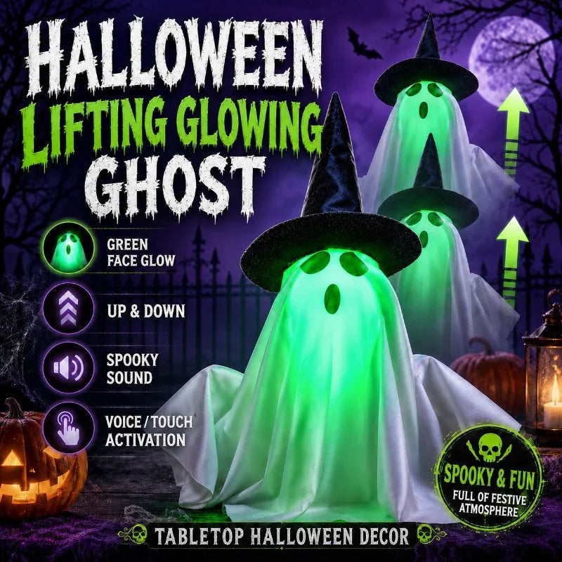 Rising Halloween Ghost Decor With Witch Hat, Glowing Green Face With Spooky Sound Effect, Tabletop Haunted