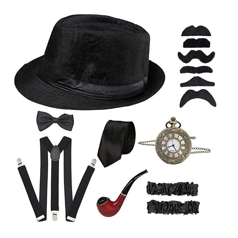Halloween 1Set 1920's Costume Hat Pocket Watch Neck Tie Moustache Bowtie Gatsby - G