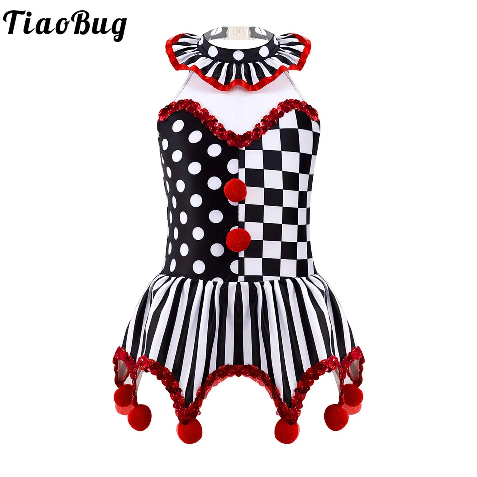 Girls Circus Clown Costume Halloween Costume Joker Black and White Grid Pompoms Adorned - Black Pink / 8