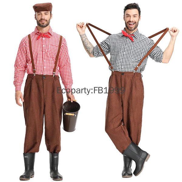 Men's Medieval Colonial Pioneer Farmer Costume Adult Vintage Plaid Shirt Suspenders Pants - A / XXL