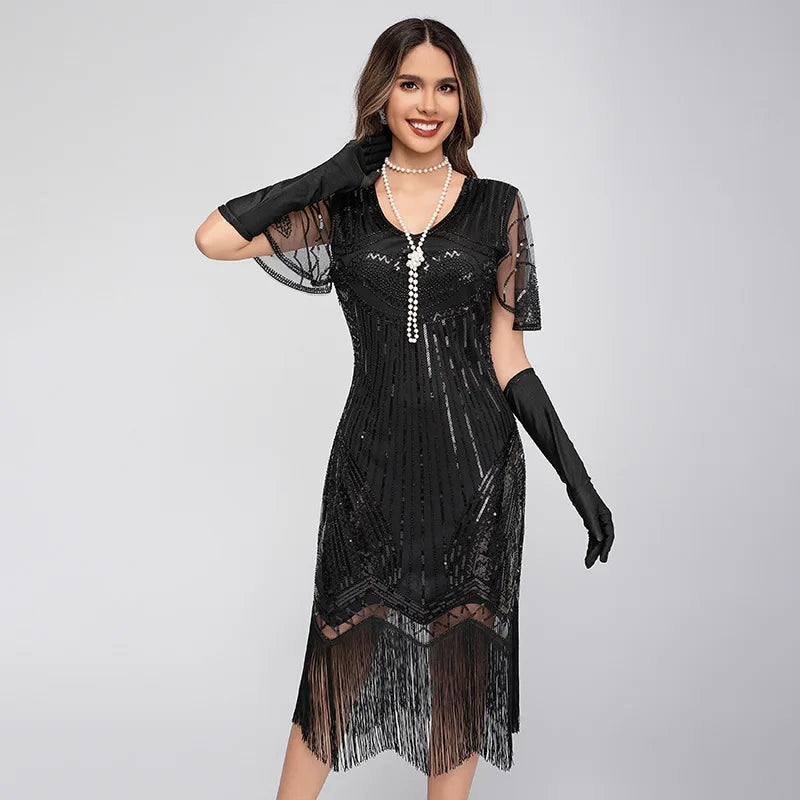 Vintage 1920s Gatsby Flapper Dress Black Gold Peacock Sequins Fringe Sleeveless Art Deco Party Peacock Beaded Sequin Fringe