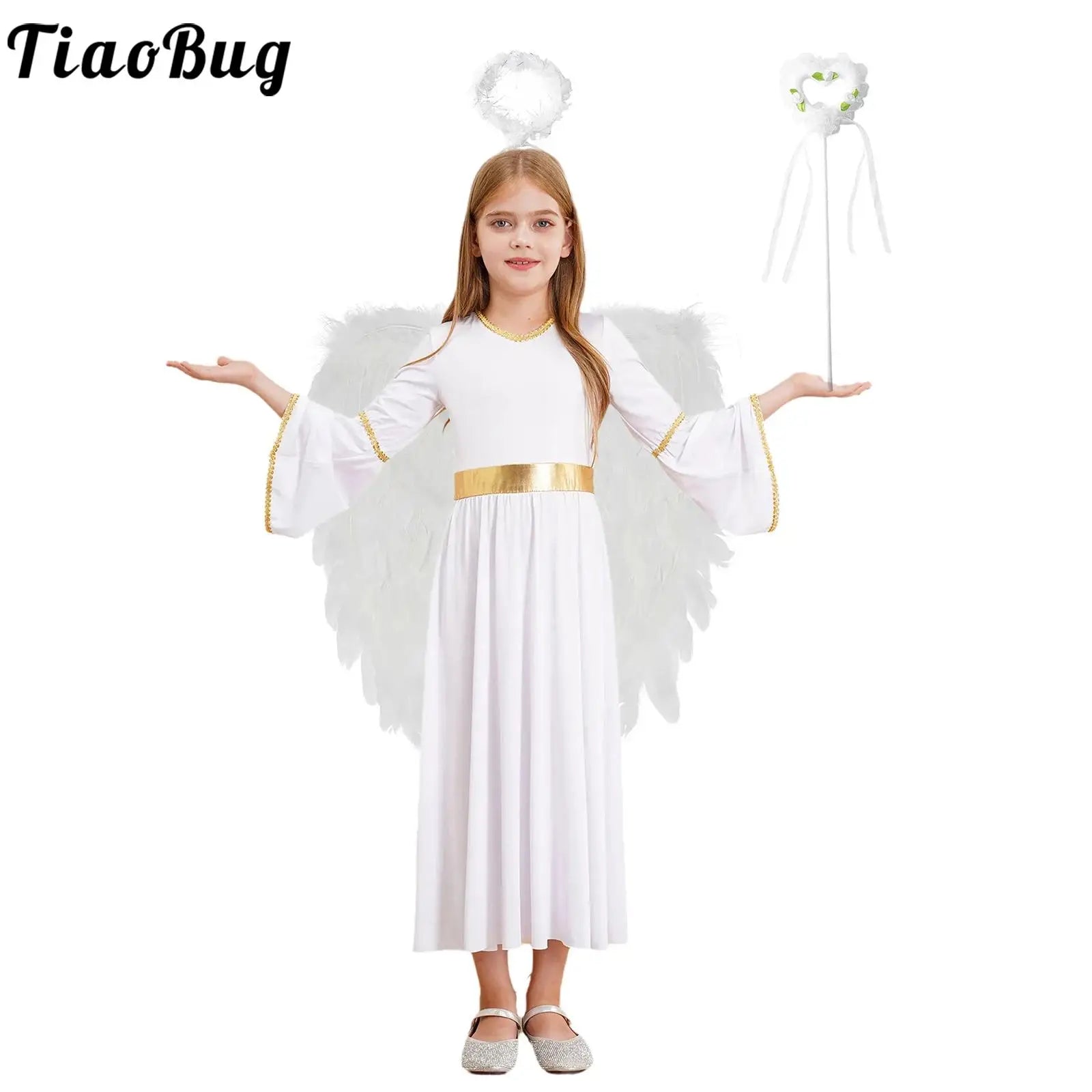 4Pcs Girls Angel Costume Outfits White Long Sleeve Dress with Feather Wings Hairband