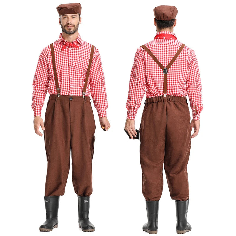 Men's Medieval Colonial Pioneer Farmer Costume Adult Vintage Plaid Shirt Suspenders Pants - A / XL