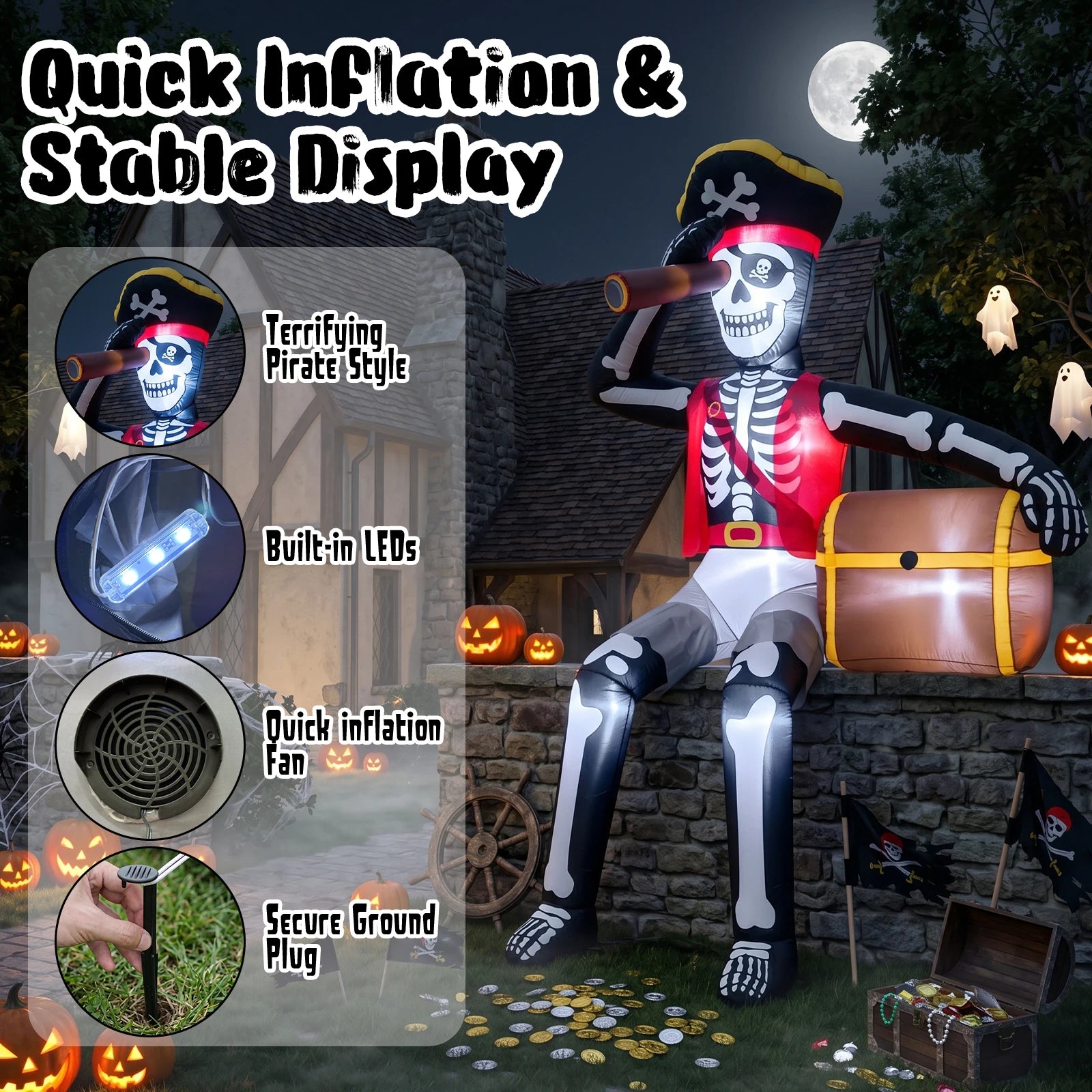 10ft Inflatable Pirate Skull Treasure Decor - Easy Setup Outdoor