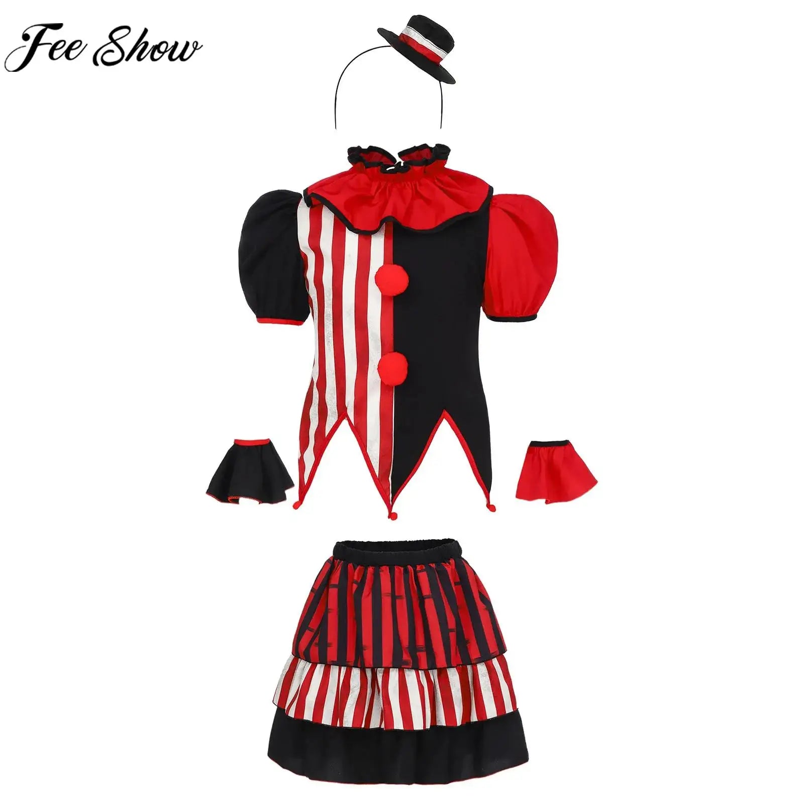 Girls Halloween Circus Scary Clown Cosplay Performance Costume Short Sleeve Top with Skirt Headband Cuffs for - product image 1
