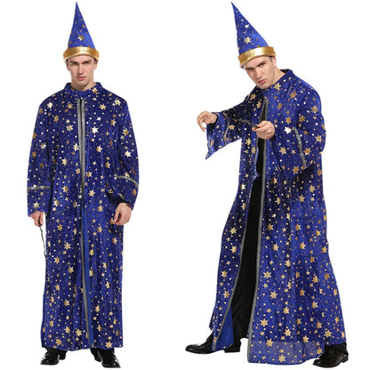 Adult Wizard and Magician Blue Starry Robe Pointed Hat Costume