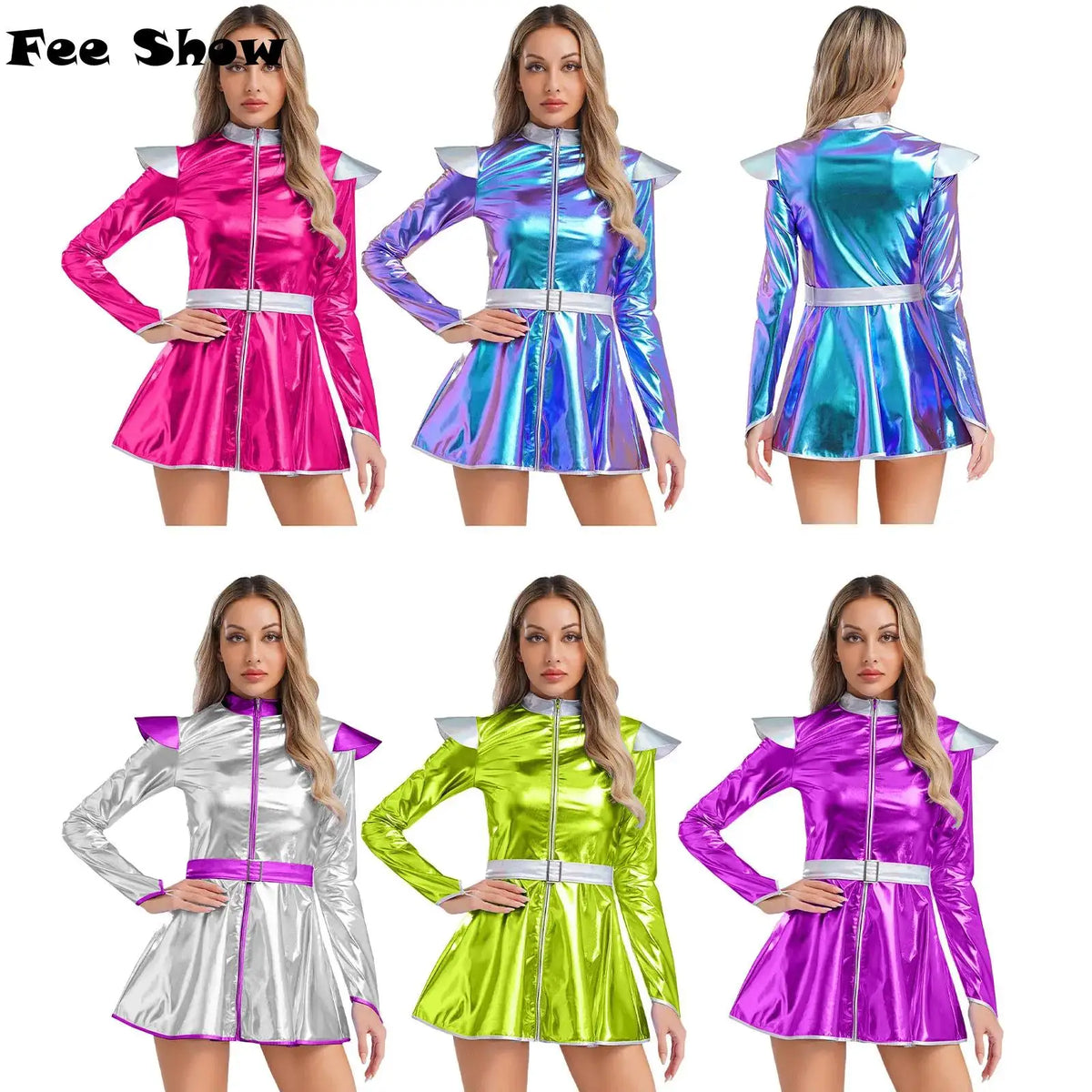 Women Halloween Alien Costume Long Sleeves Front Zip A-line Dress with Belt Shiny Metallic Outer Space Alien Costume