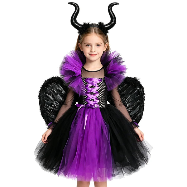 Girls Black Purple Dark Fairy Queen-Inspired Long Costumes with Feather Wings Horns